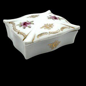 Vintage Porcelain Trinket Box w/Lid Shafford White Pink Flowers Gold Accents